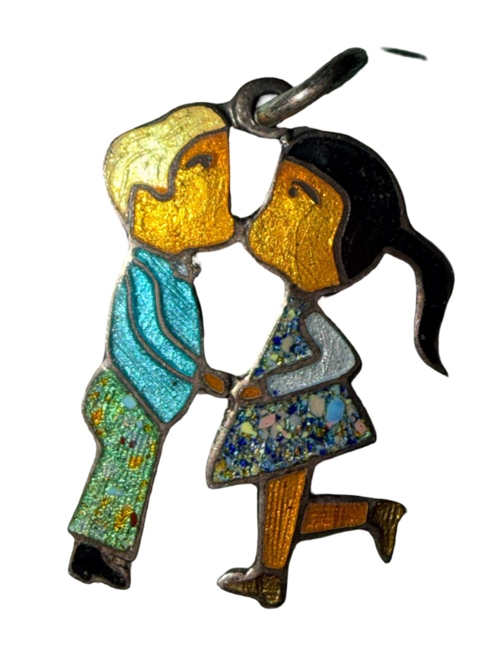 VINTAGE Kissing Boy and Girl Enamel Charm Pendant - Multicolor .925 Mexico